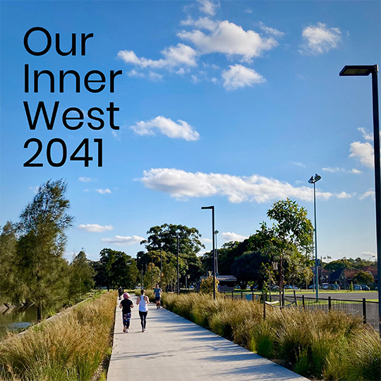 A newly-build shared path alongside a leafy waterway, being used by joggers. Overlaid text reads 'Our Inner West 2041'.